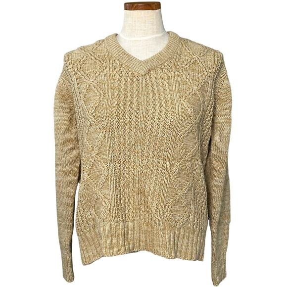 Vintage 70s Cadence Fisherman Cable Knit Sweater V-Neck Coastal Neutral Size M - Picture 3 of 10